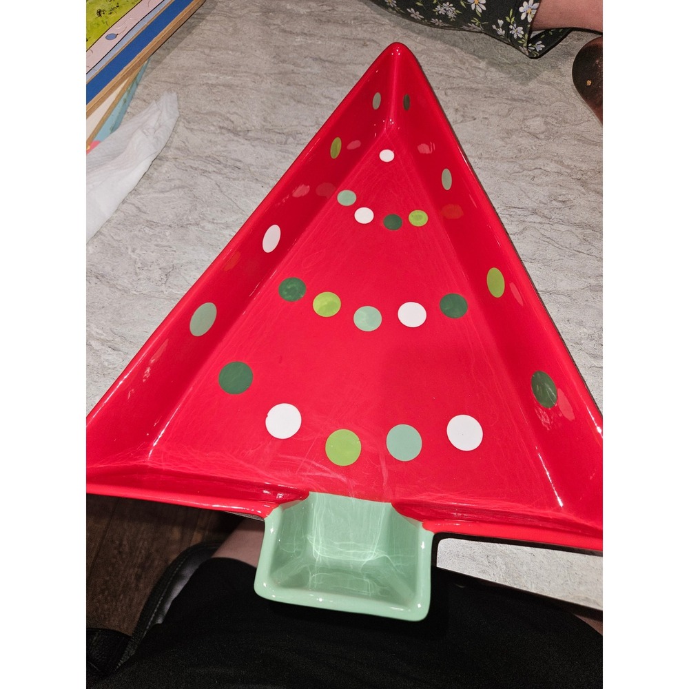 TAG Red Christmas Tree Serving Tray Polka Dot Ceramic Holiday Platter Platter